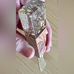 Walnut handled serving knife with gold leaf in clear resin and gold tone metal